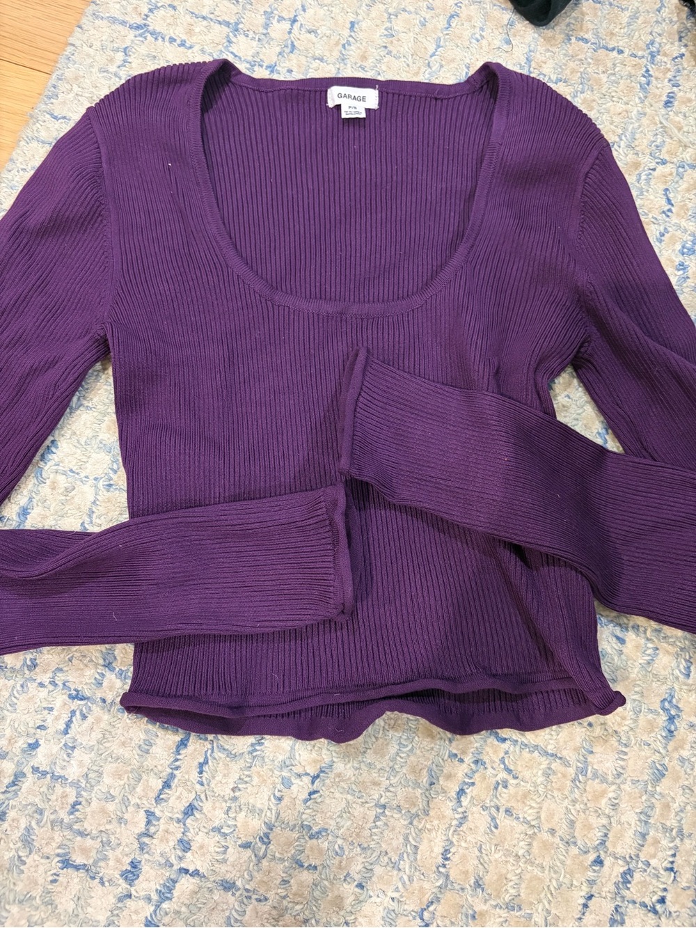 Garage Ribbed Scoop Neck Long Sleeve Top - Deep Purple